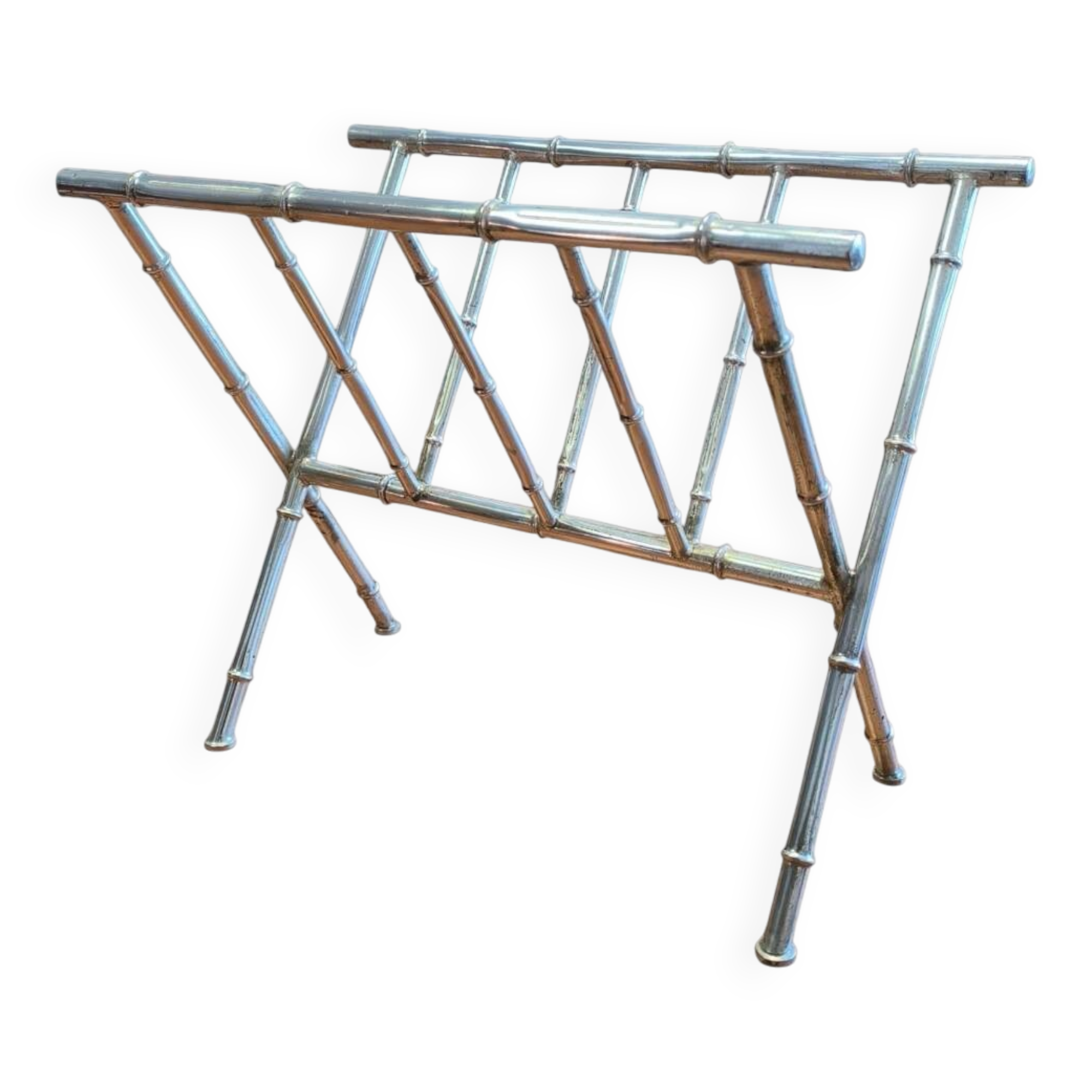 Chrome-plated brass magazine rack circa 1970