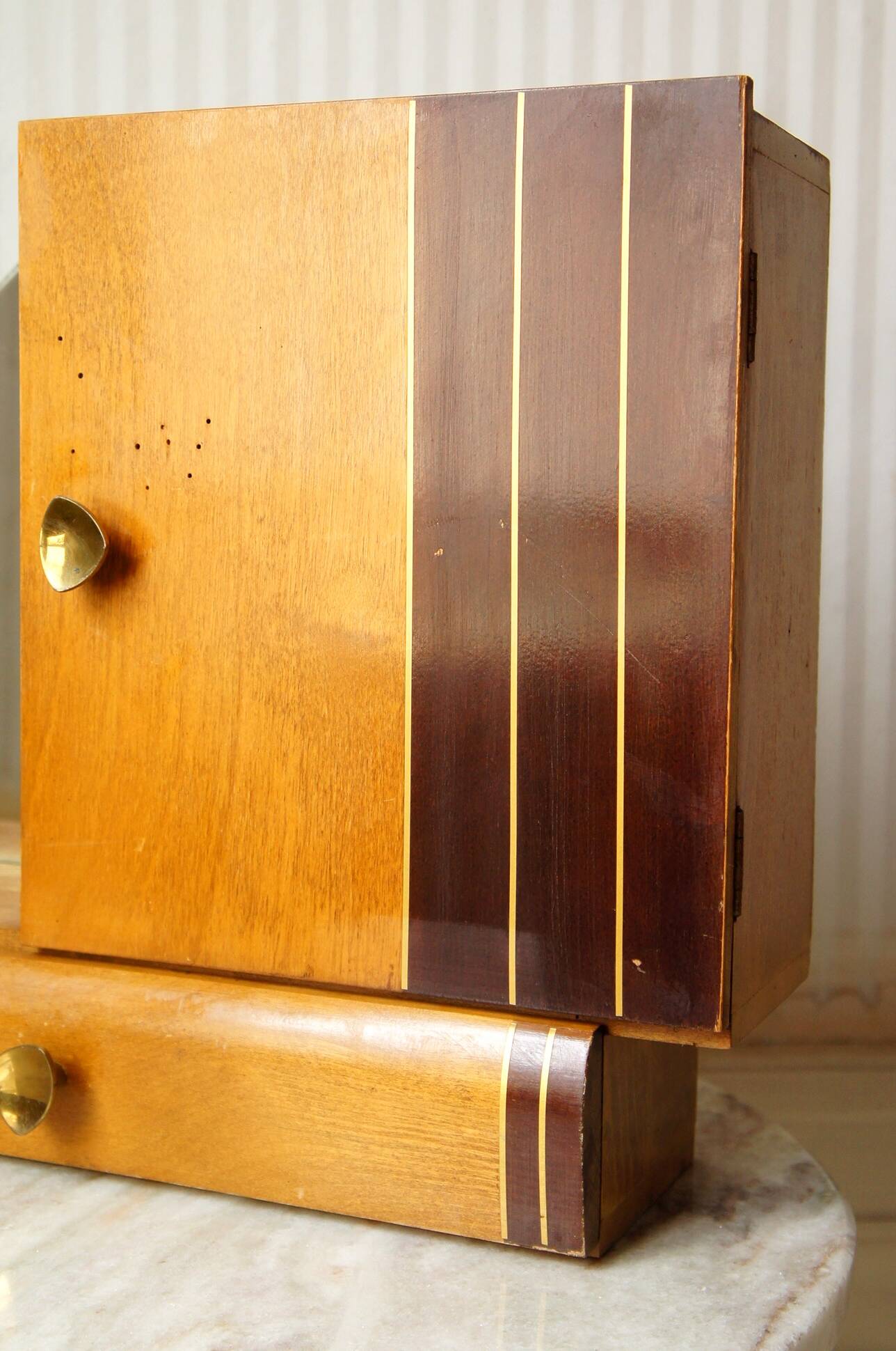 Asymmetrical art deco wall cabinet, drawer & mirror