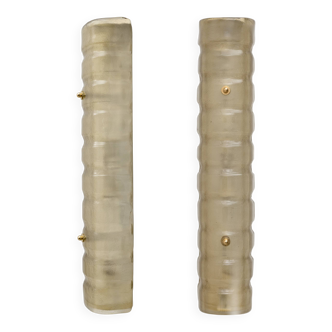 Pair of Murano Gold-Toned Frosted Glass and Brass Wall Sconces, Italy