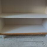 Vintage bookshelf in oak veneer, pearl grey interior, metal legs.