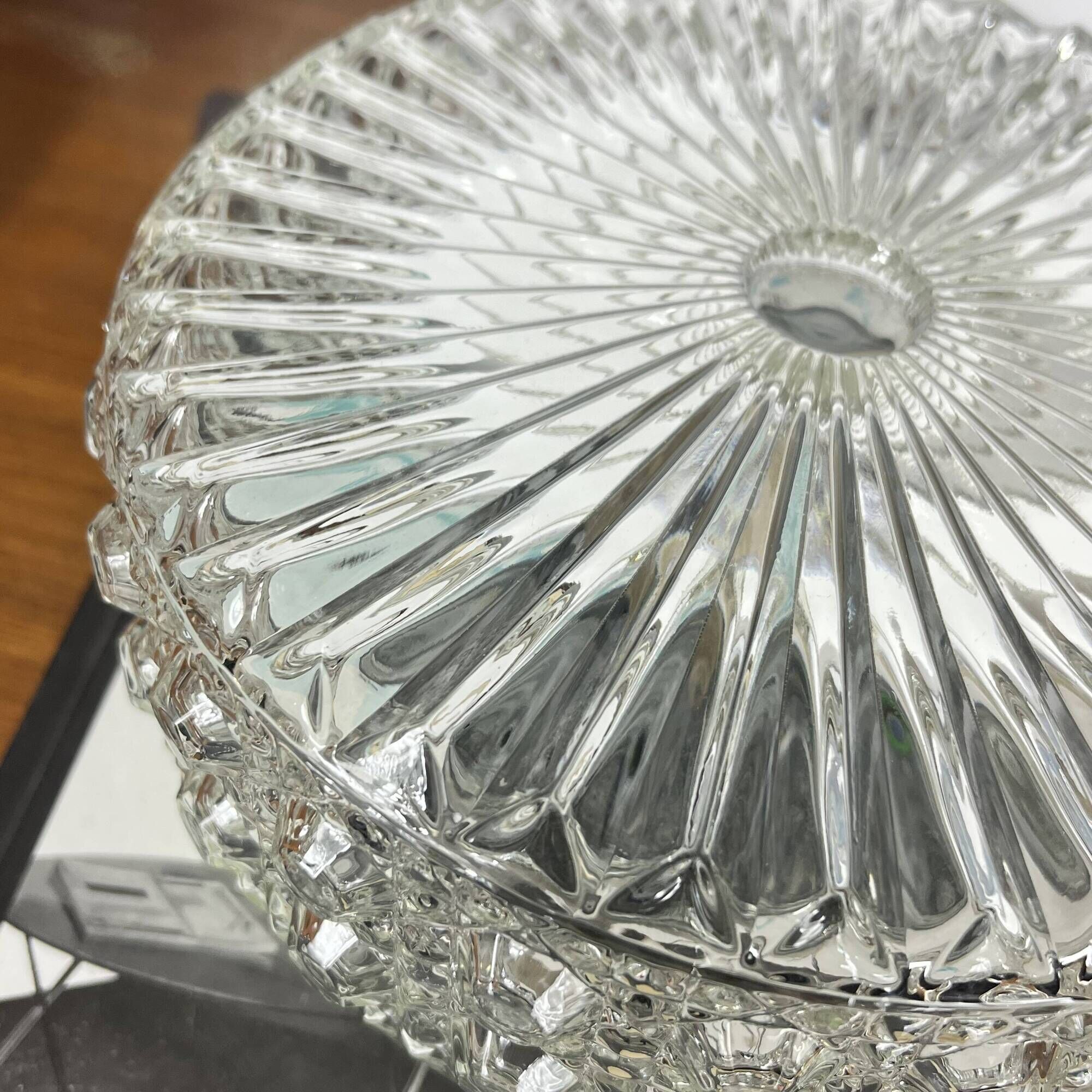 Vintage 1970s round wall light ceiling fixture with transparent glass.
