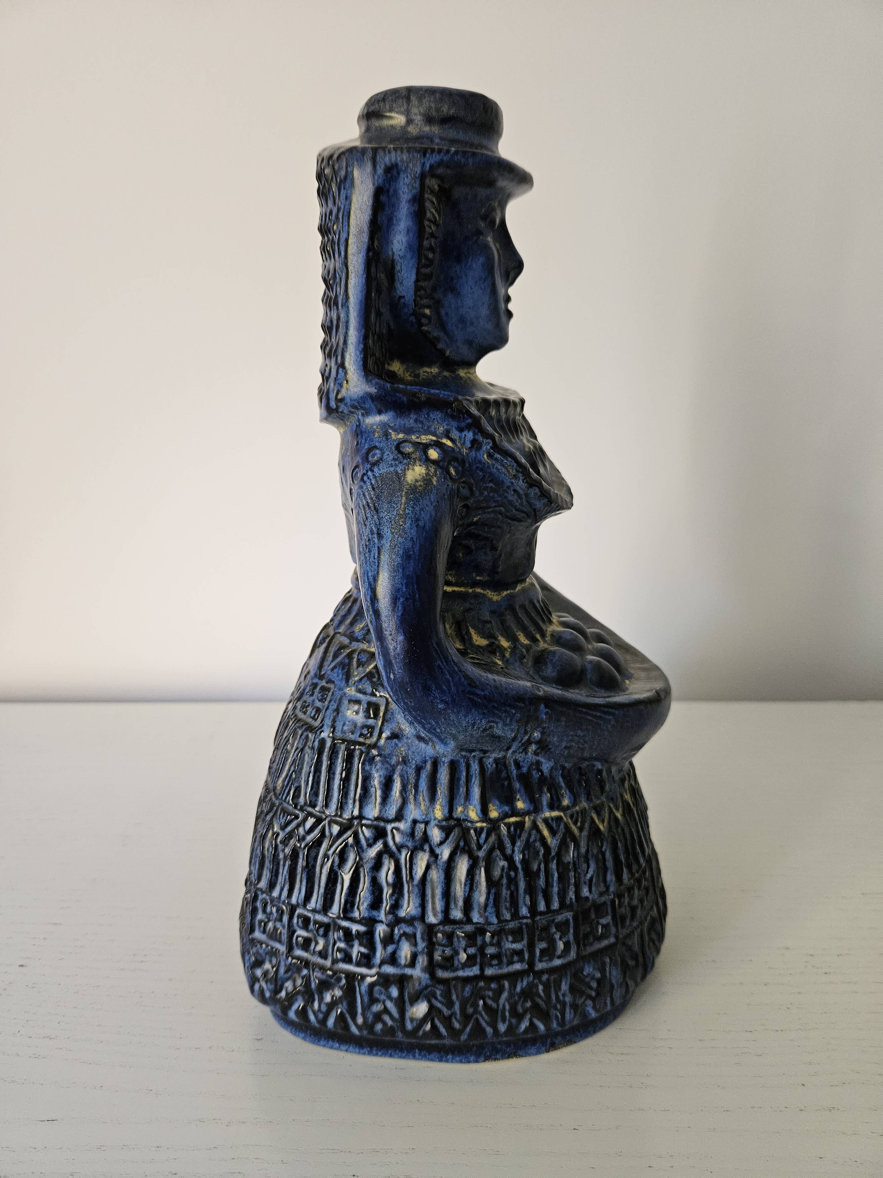 Vintage bay keramik, blue woman with fruit basket, germany, 1960s/1970s.