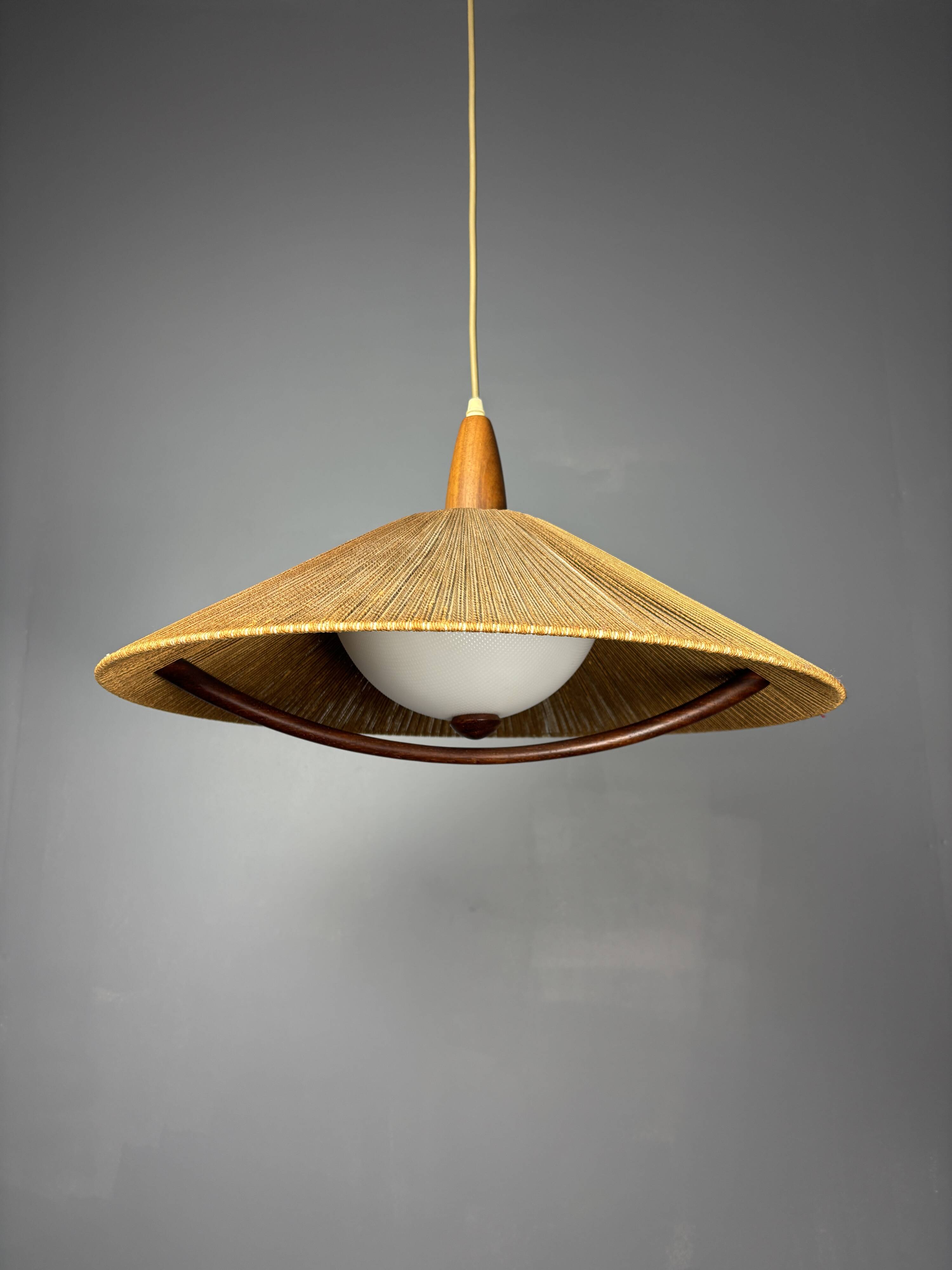 Large Mid-Century Teak and Sisal Cord Pendant from Temde Leuchten, 1960s