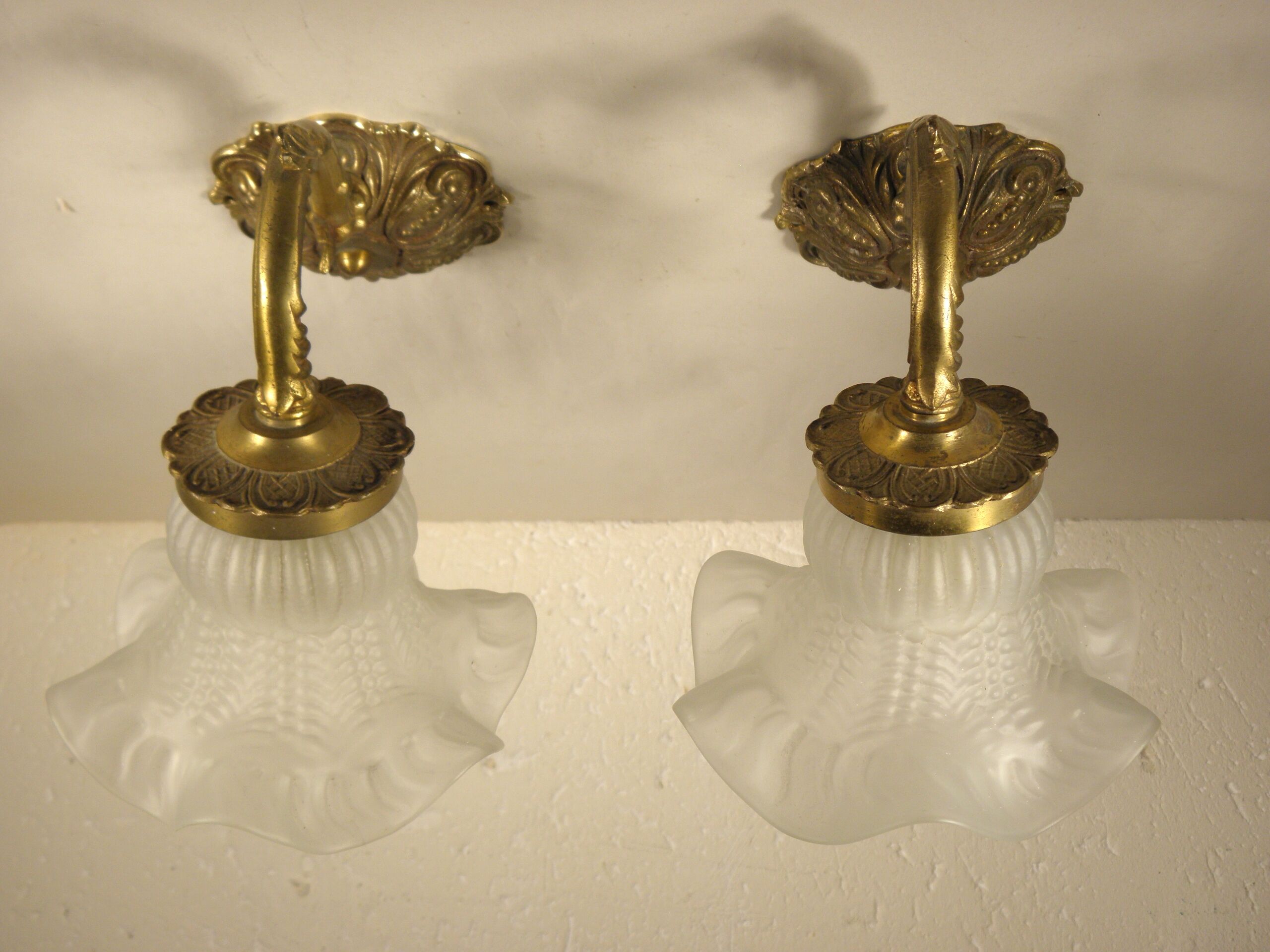 Pair of gooseneck sconces in brass and glass