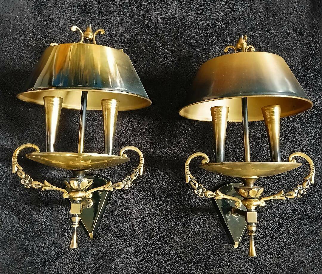 Empire bouillotte lamp wall sconces in tole and gilded bronze