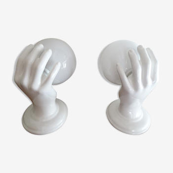 Pair of ceramic hand sconces - globe ball - vintage design 70's