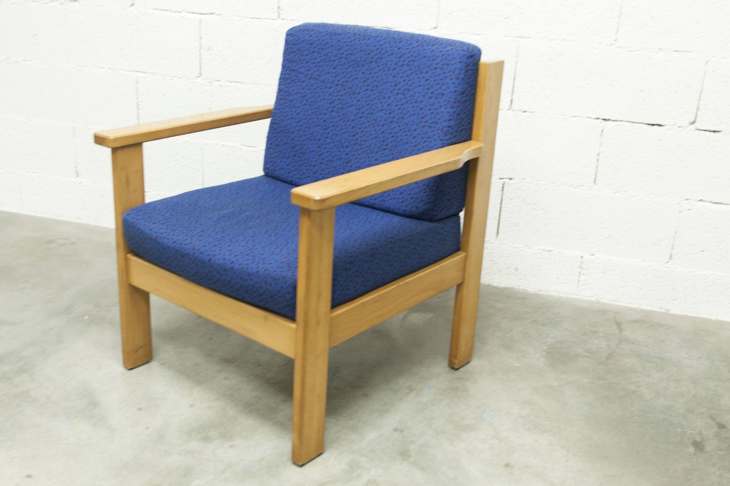 Comfortable 1980s blue and honey beech armchair