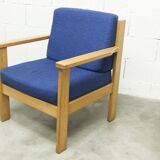 Comfortable 1980s blue and honey beech armchair