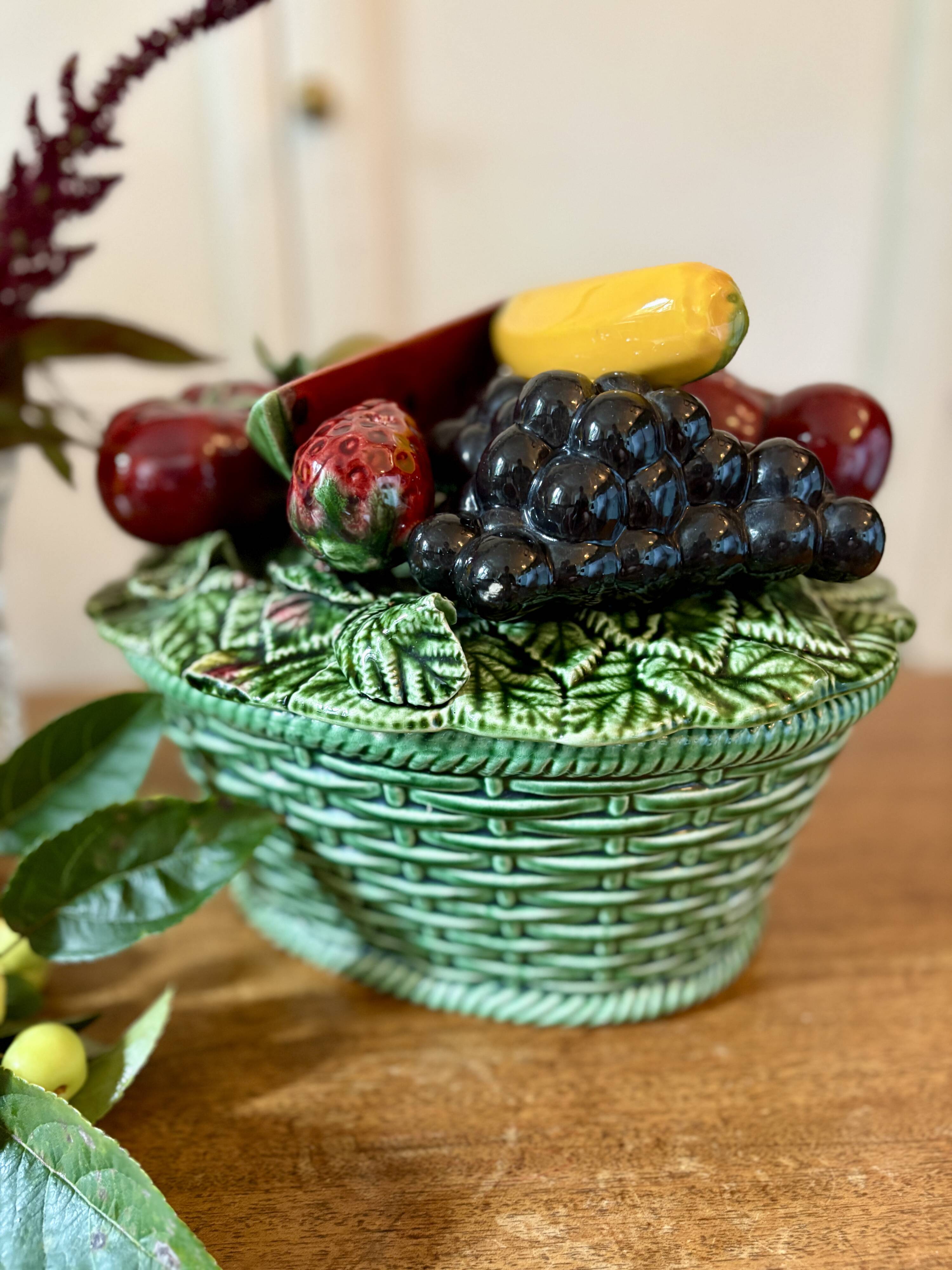 Vintage barbotine dish with fruit decorations
