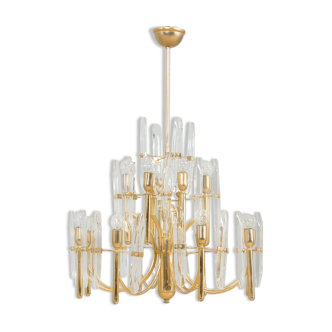 Sciolari gold brass & crystal glass chandelier, italy, 70s