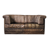 Vintage Mid-Century Modern German Brutalist 2-Seater Brown Leather Bed Sofa