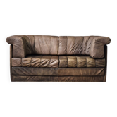 Vintage Mid-Century Modern German Brutalist 2-Seater Brown Leather Bed Sofa