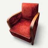 Pair of Art Deco club armchairs in burgundy red velvet, 1930s