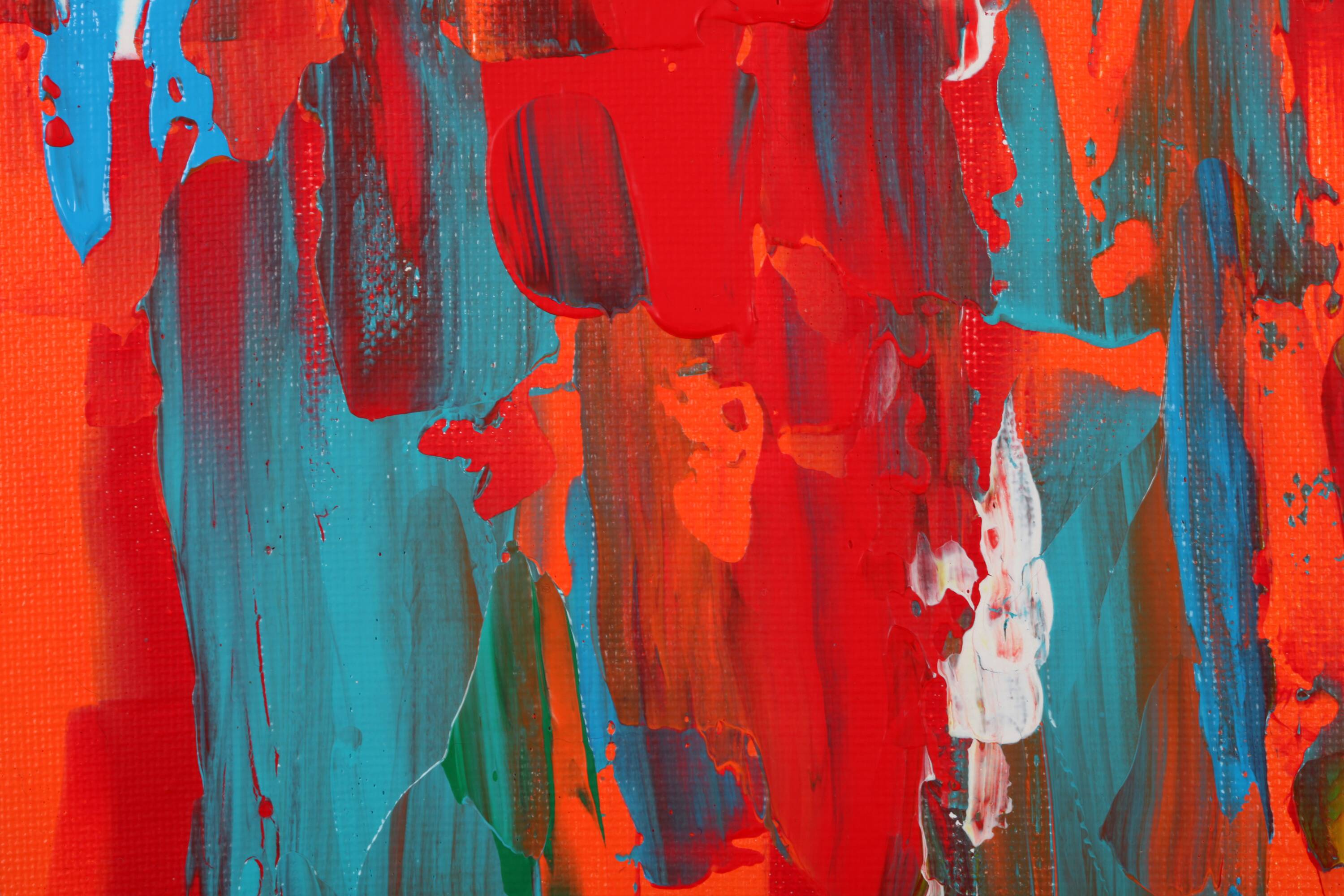 Abstract Red, Orange and Blue original painting on stretched canvas