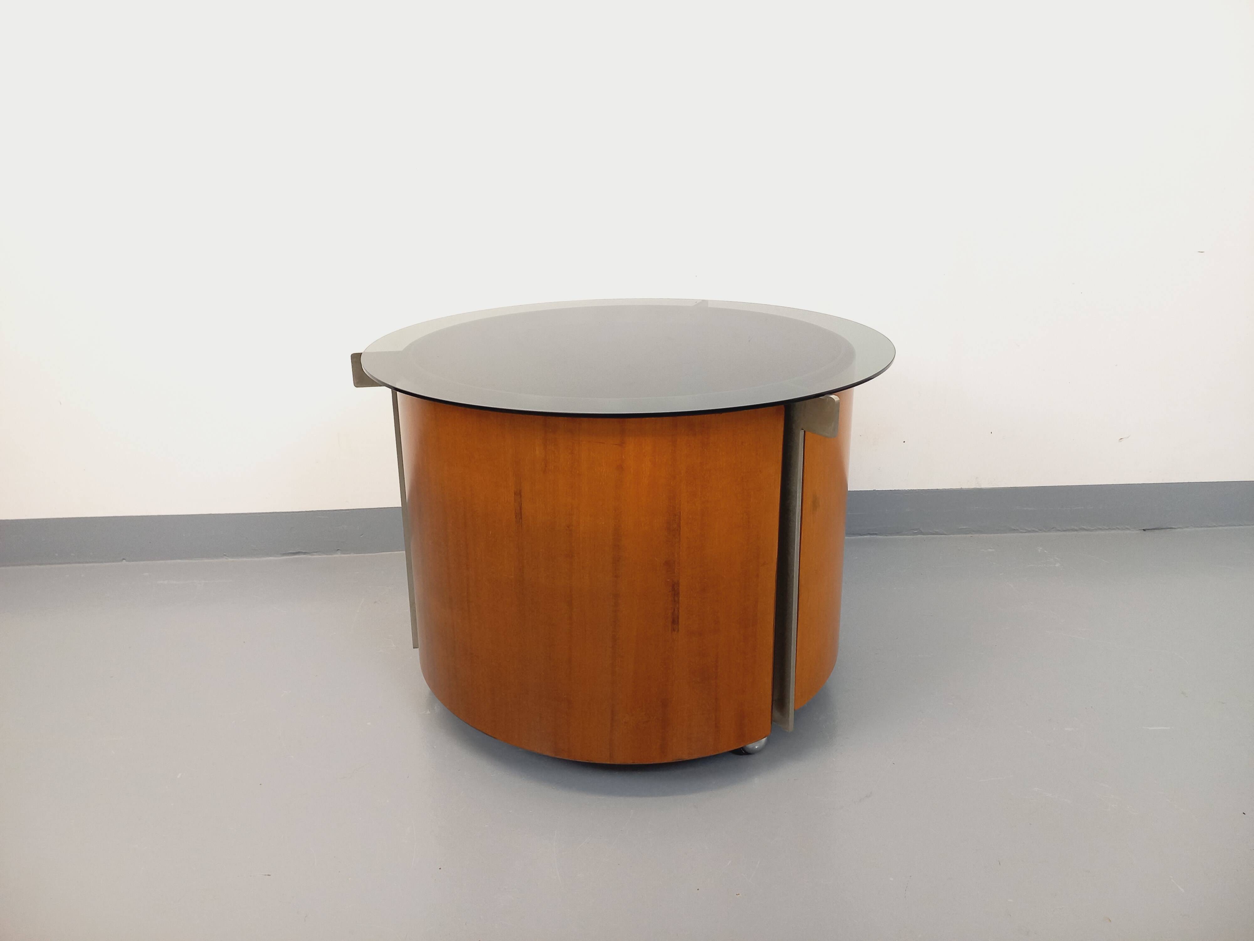 Round Italian teak coffee table swivel bar by Eugenio Gerli for Tecno
