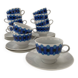 Service of 11 Coffee Cups and Saucers - 70s Design - White and Blue Porcelain