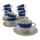 Service of 11 Coffee Cups and Saucers - 70s Design - White and Blue Porcelain