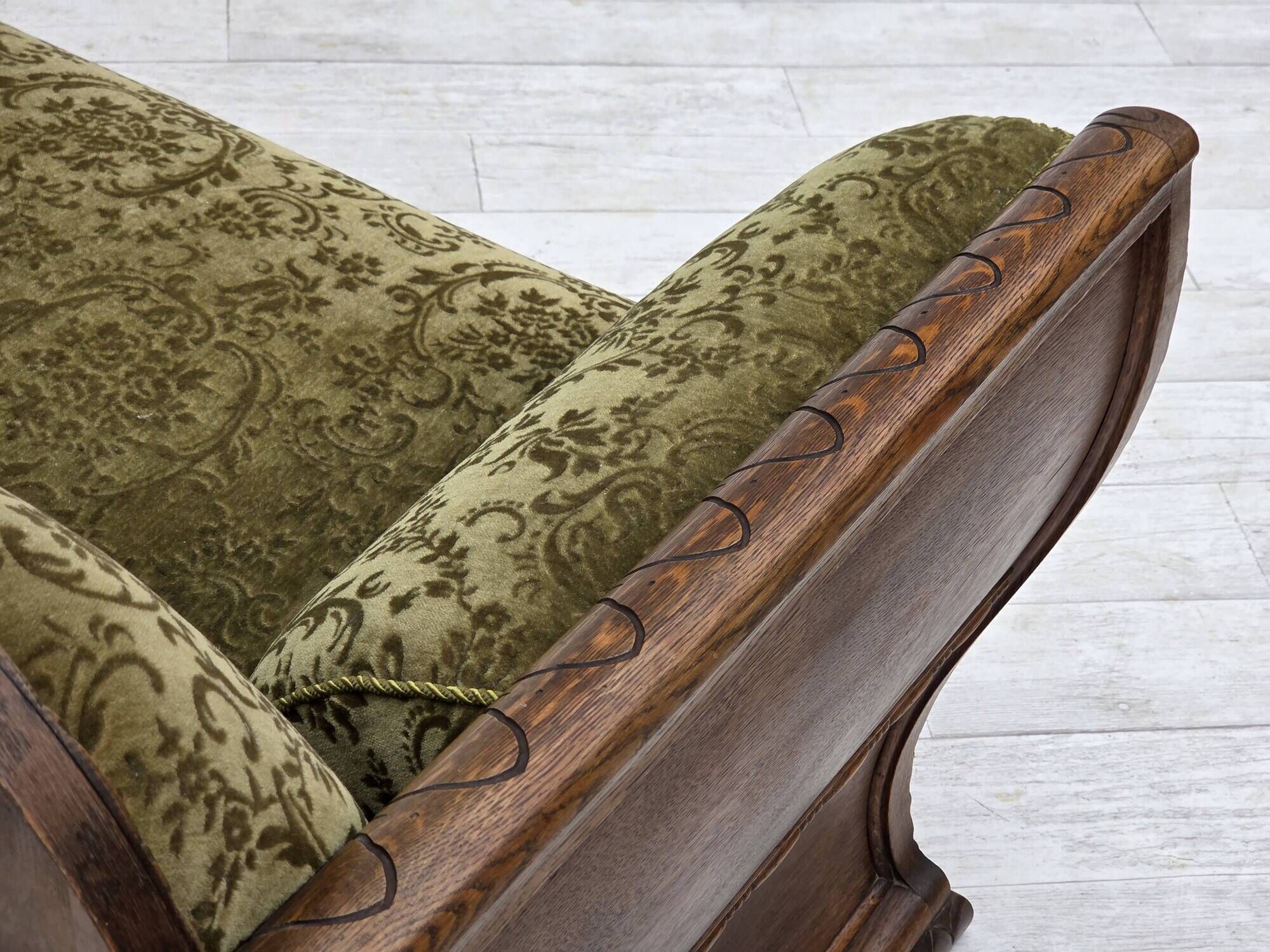 1950s, Danish 3-seater sofa, green furniture velour, oak wood.