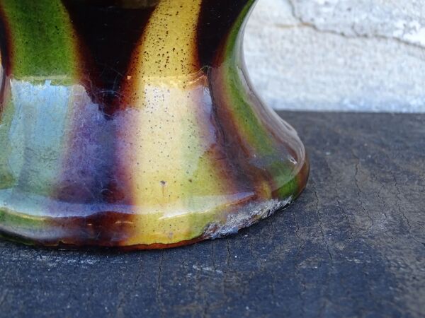 Pichet ou gargoulette ancienne française à glace verte et jaune