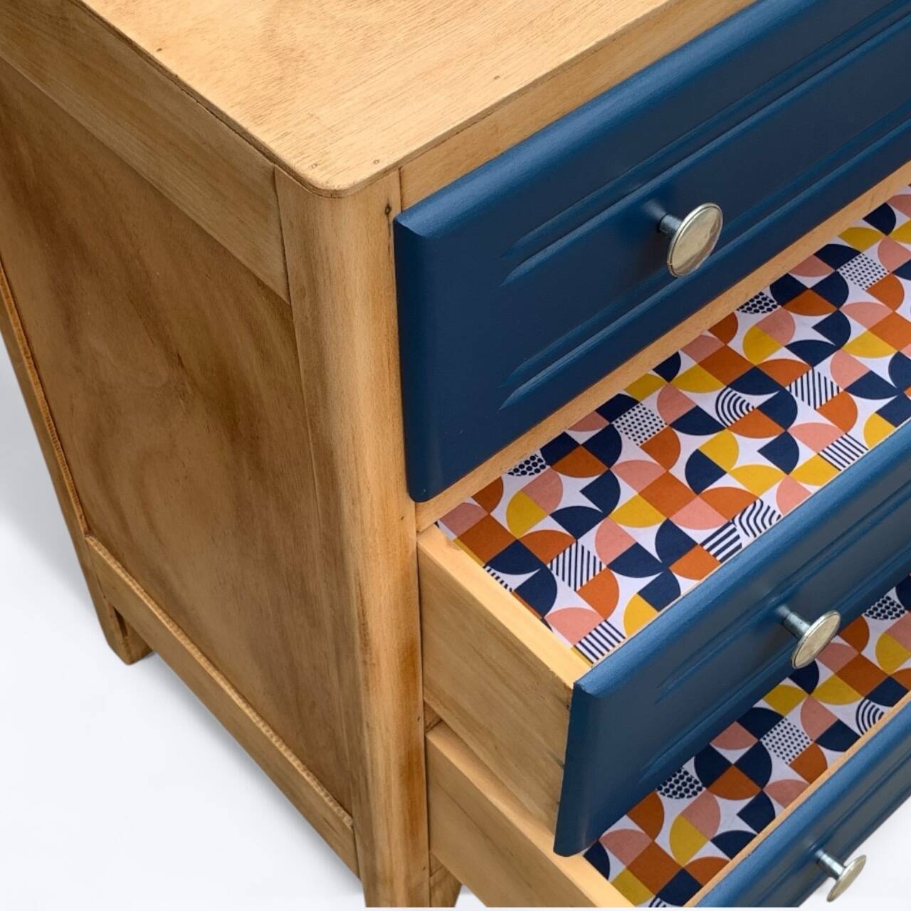 Art Deco chest of drawers in raw wood and blue, 1940