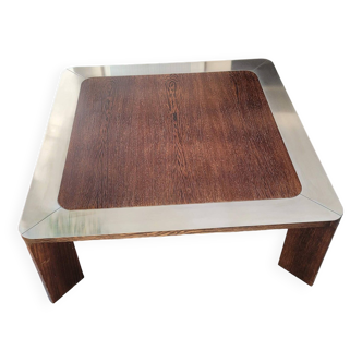 Table basse carrée bois et acier années 80