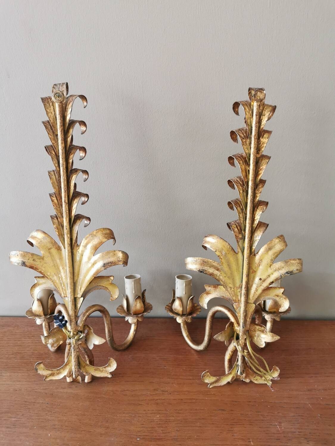 Pair of vintage 70s wall lights in gold metal