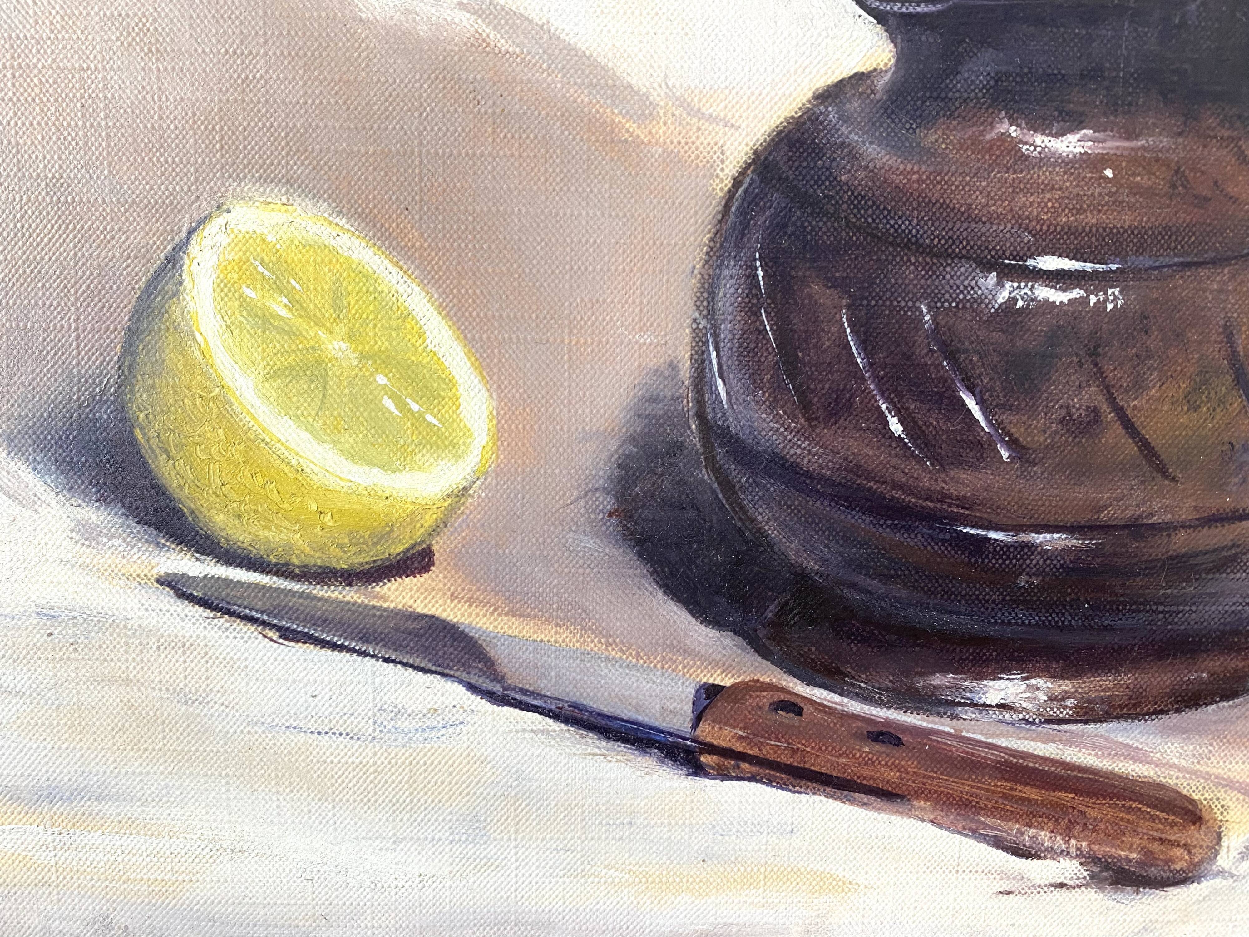 Oil painting still life with vintage lemon