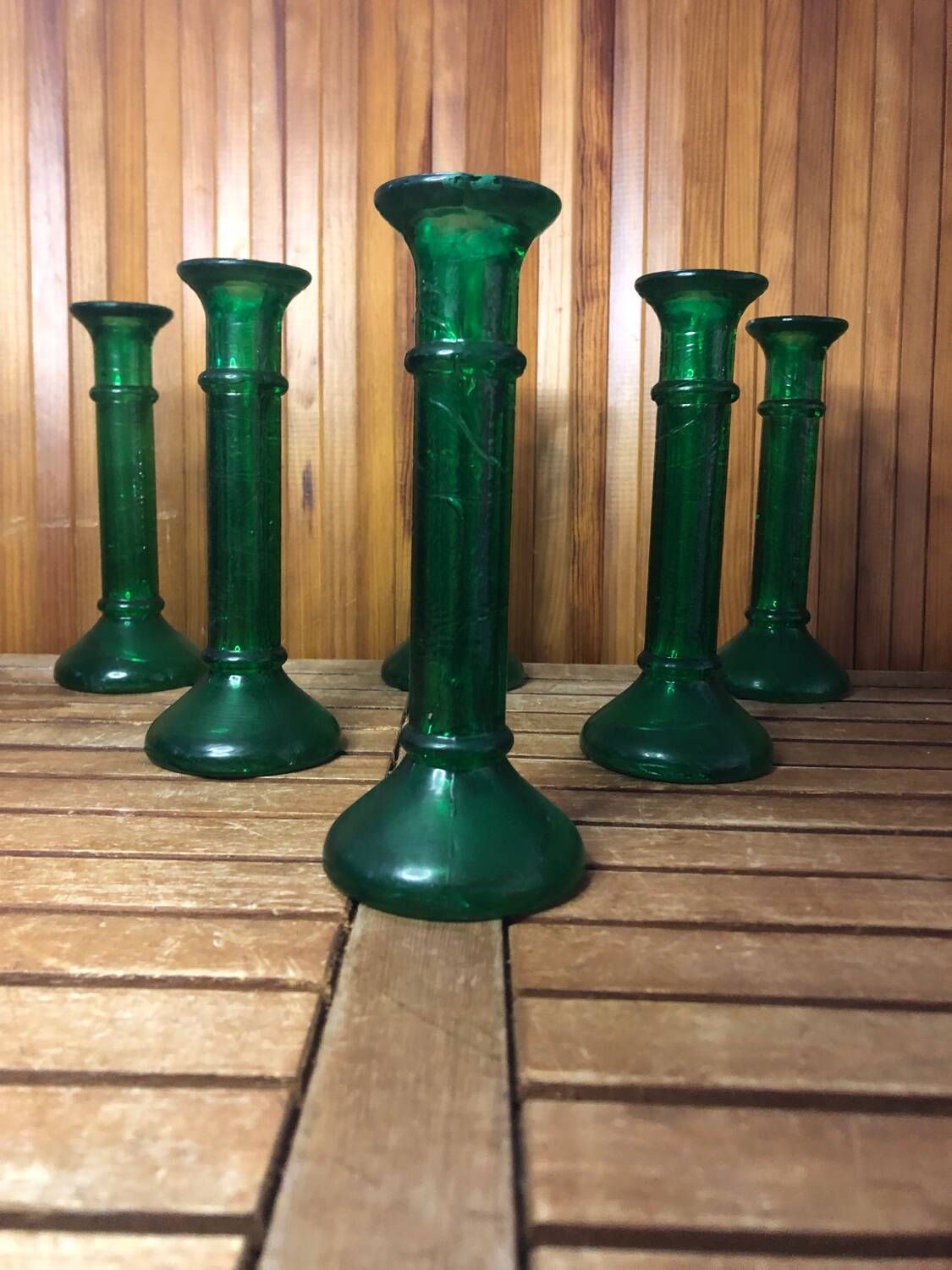 Series of 6 old vintage green bubble molded glass candlesticks #a529