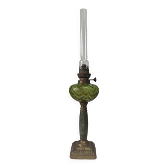 Lampe à pétrole Hugo Schneider en cristal, marbre et métal, verte, XIXème
