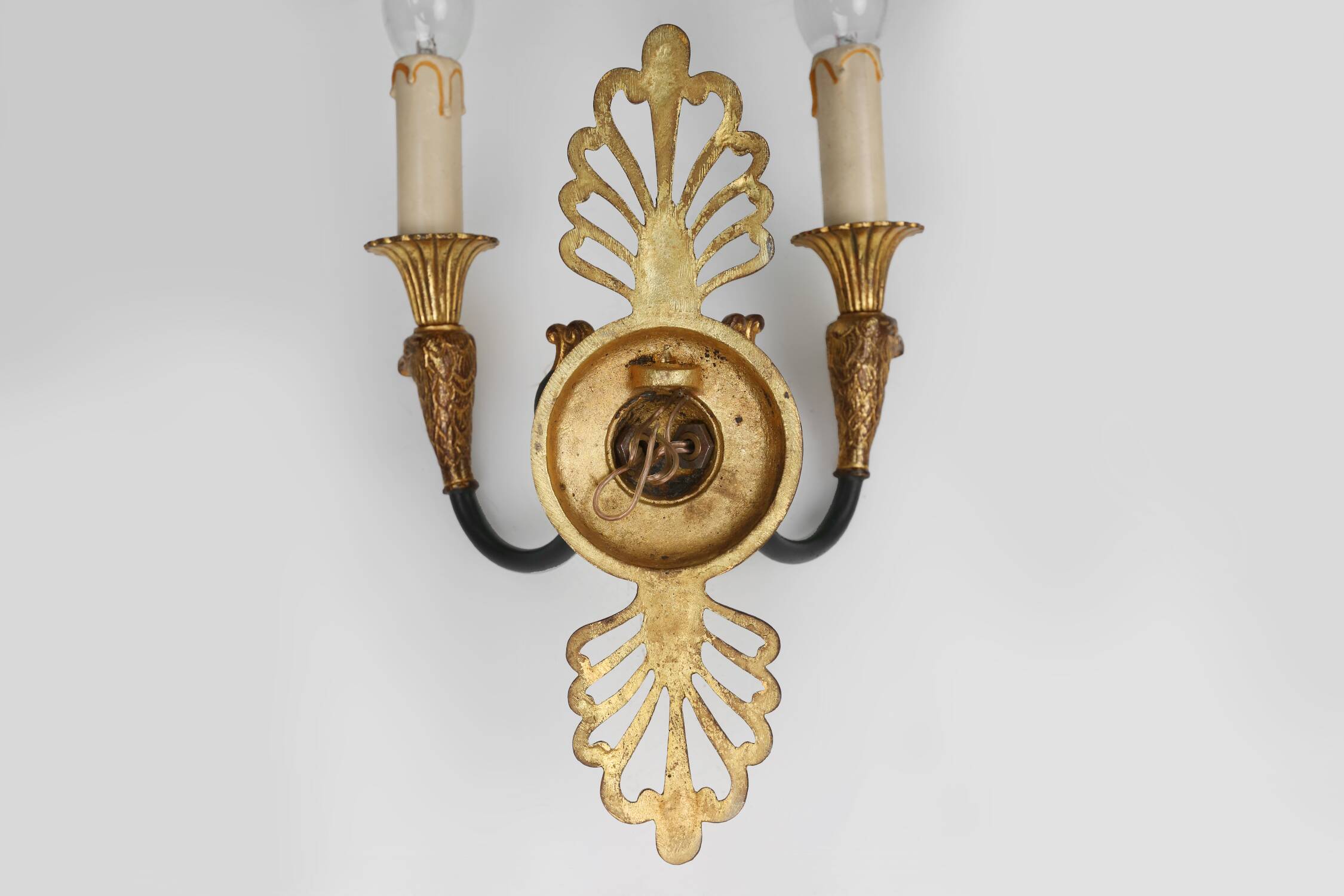 Impressive set of a large bronze Empire Chandelier with 2 wall lights, Belgium ca. 1950