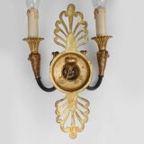 Impressive set of a large bronze Empire Chandelier with 2 wall lights, Belgium ca. 1950