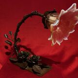 Art Deco lamp, wrought iron and opalescent tulip, 1940s-1950s