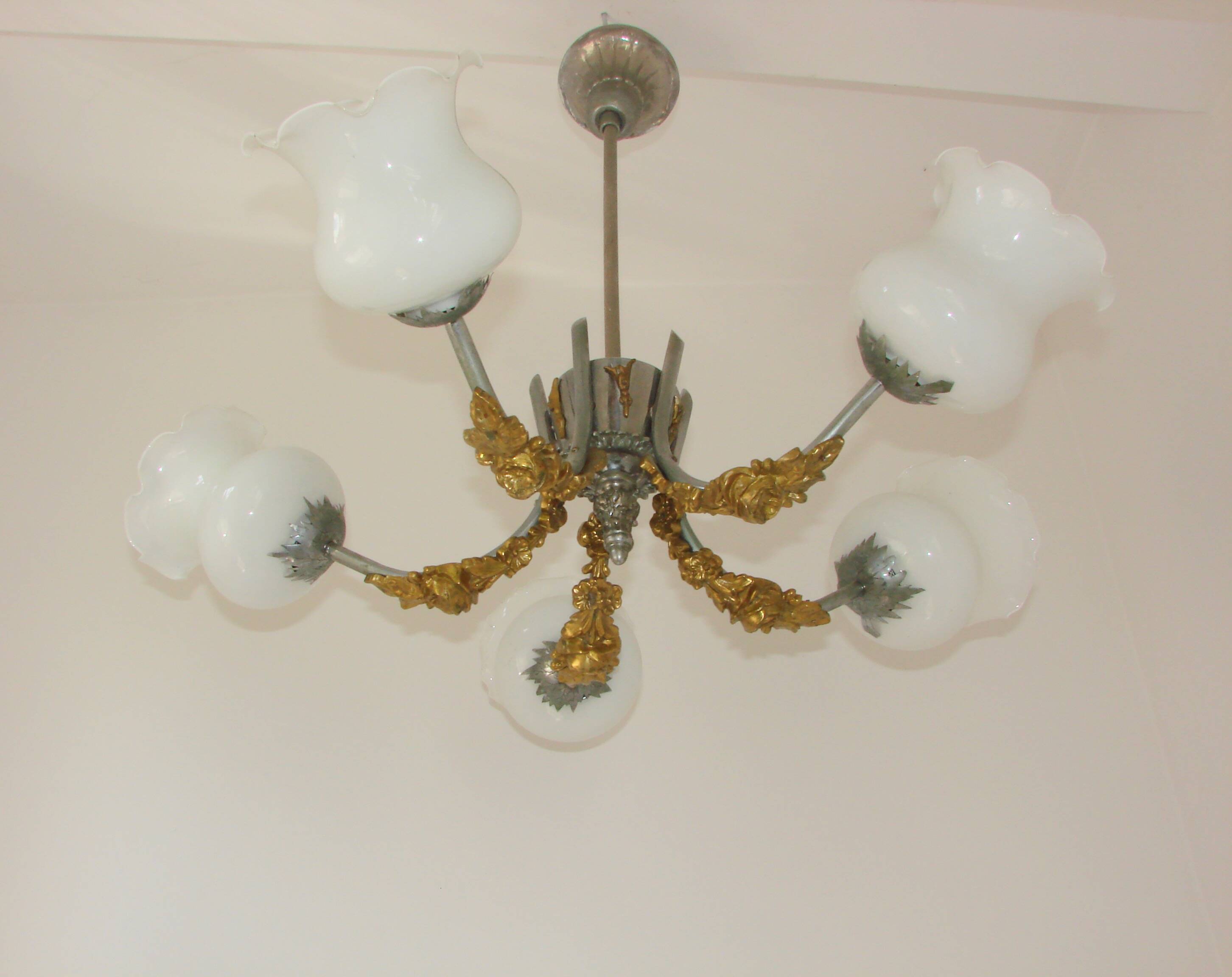 Lustre Art Nouveau vintage, années 1950 – 5 points lumineux
