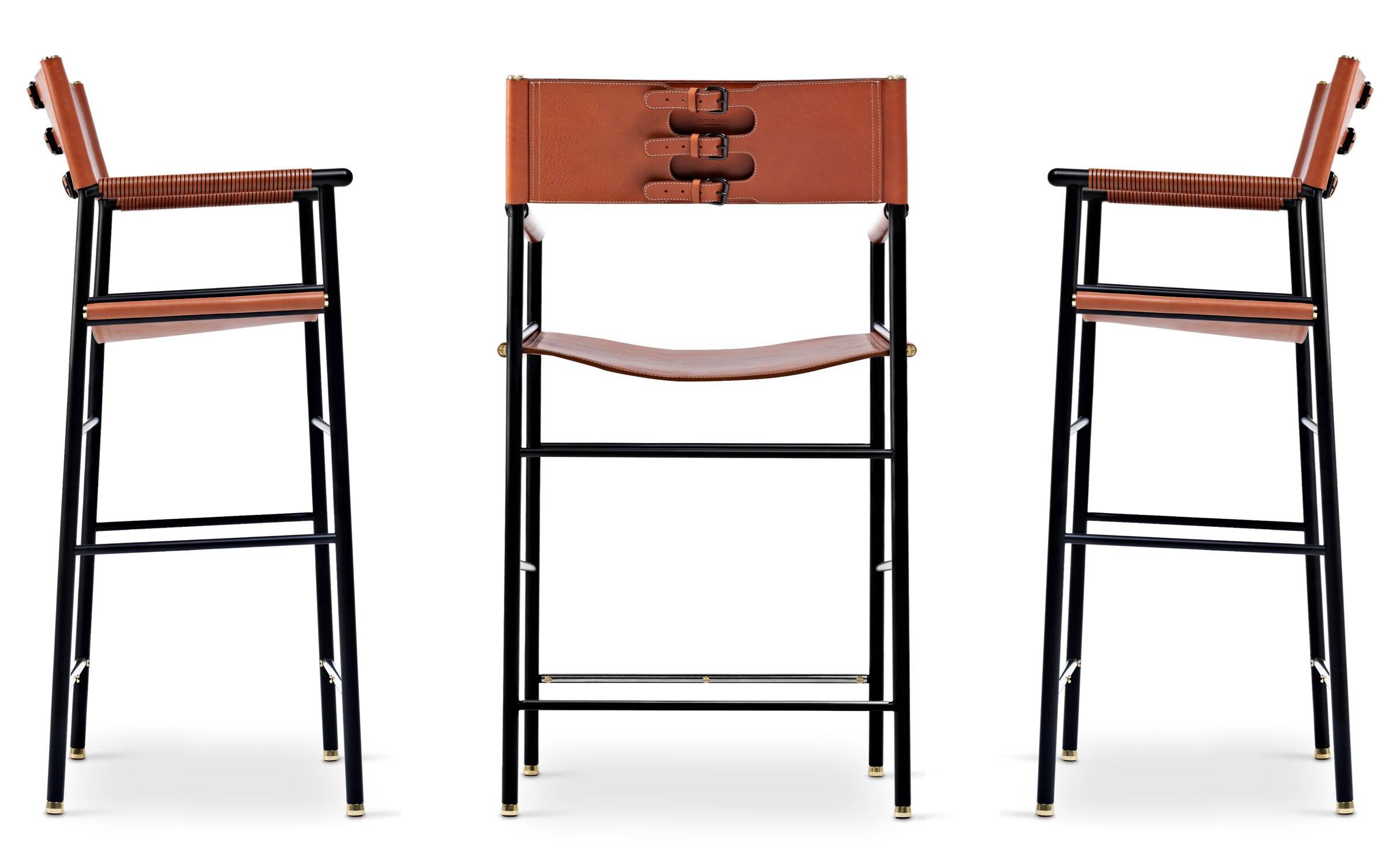 Set of 3 Counter Bar Stools with Backrest Natural Tan Saddle Black Rubber Metal