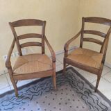 Paire de fauteuils rustiques bois et paille
