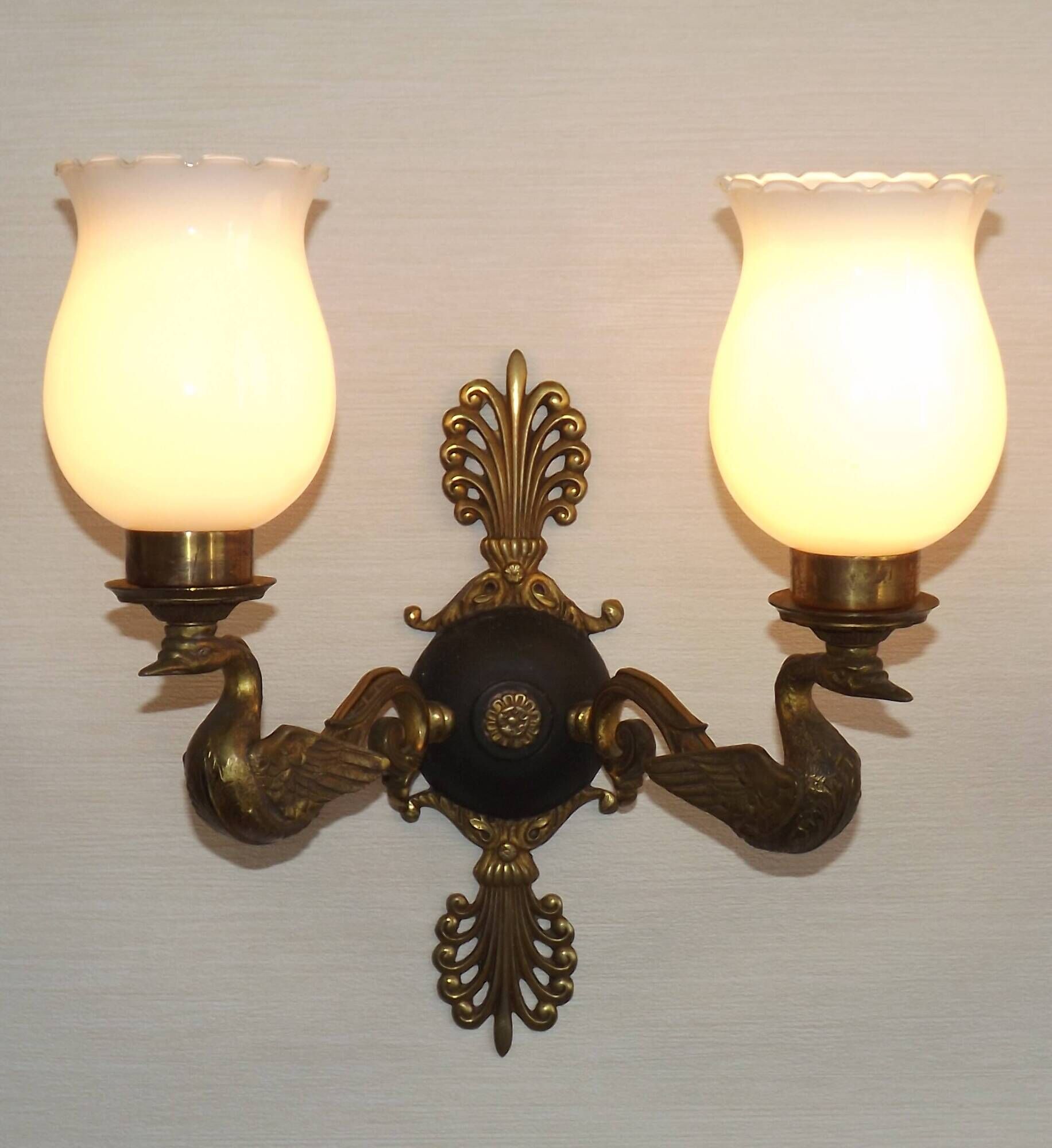 Pair Of Lucien Gau Style Double Swan Wall Lights With Opaque Glass Shades