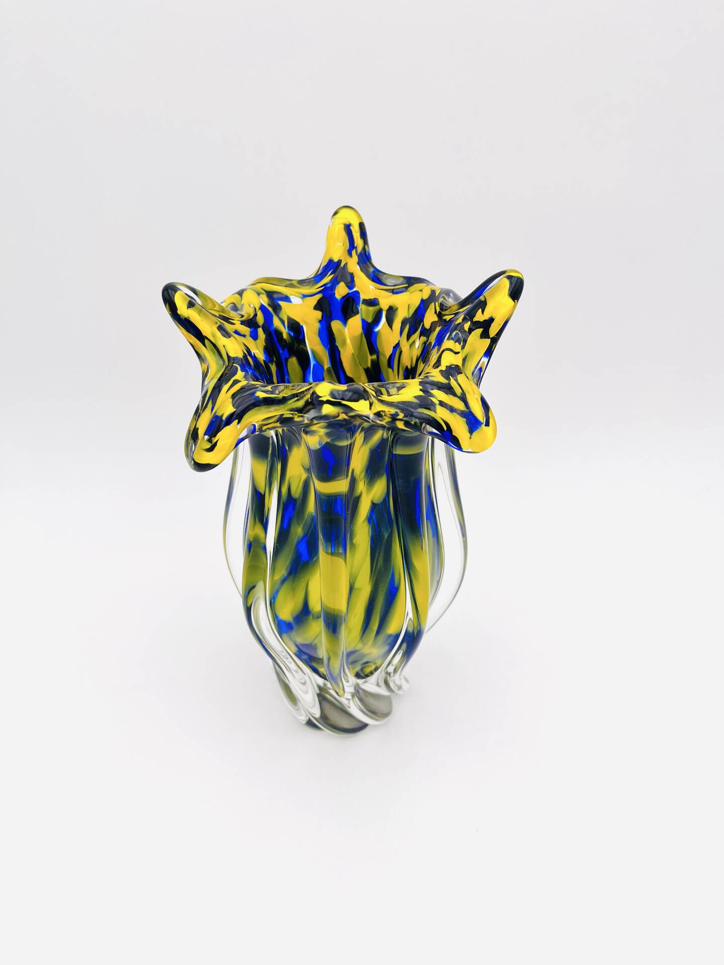 Vase Josef Hospodka Chřibská Macchia Blue Yellow Bohemian Glass 60s