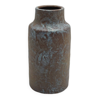 Brutalist stoneware vase with blue powdered enamel