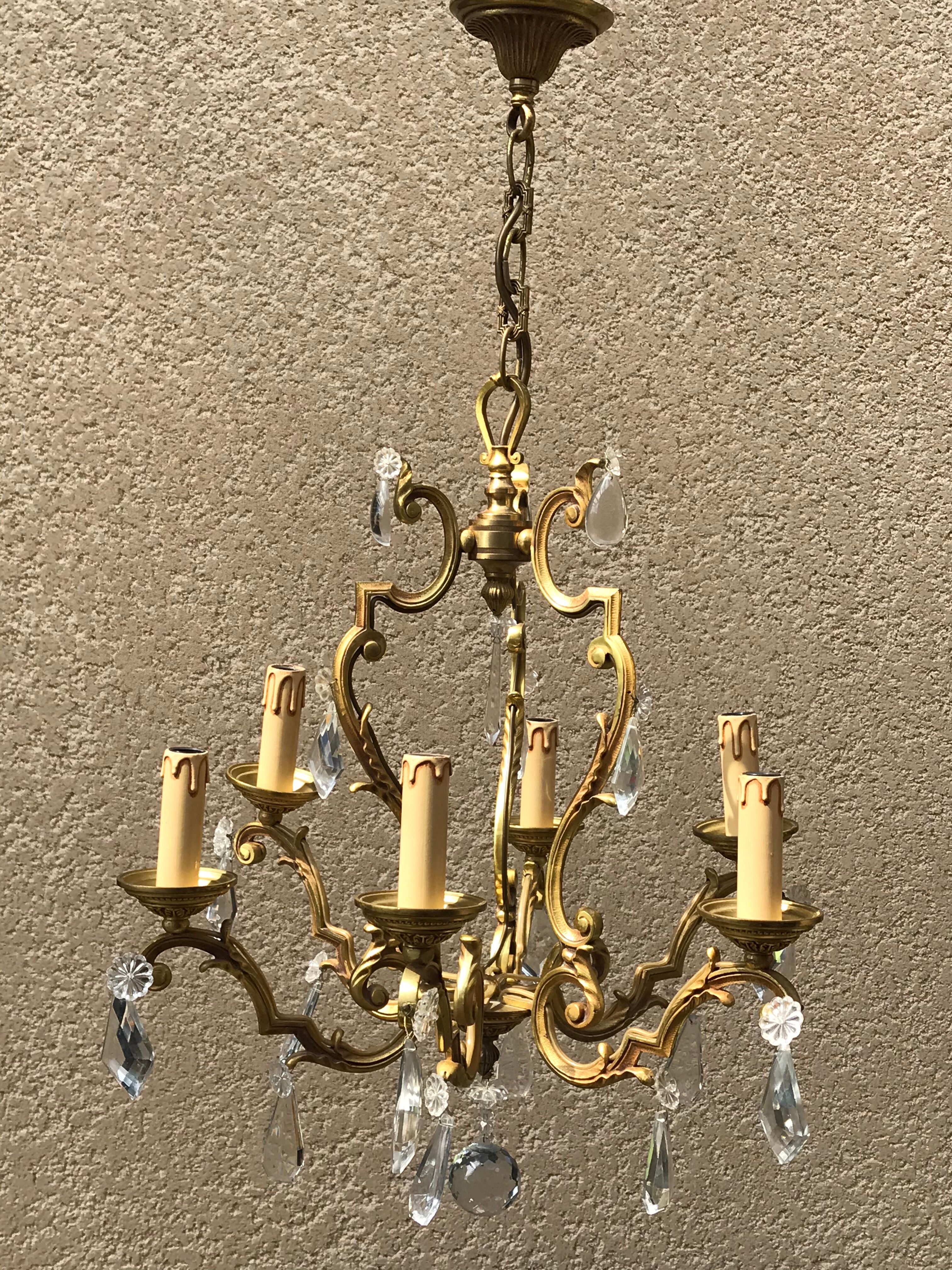 Bronze cage chandelier with crystal drops, 6 lights