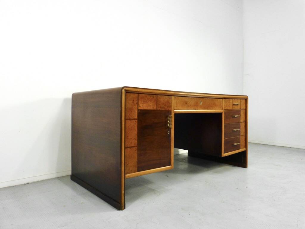 Italian Art Deco Desk In Dark Walnut And Brass.