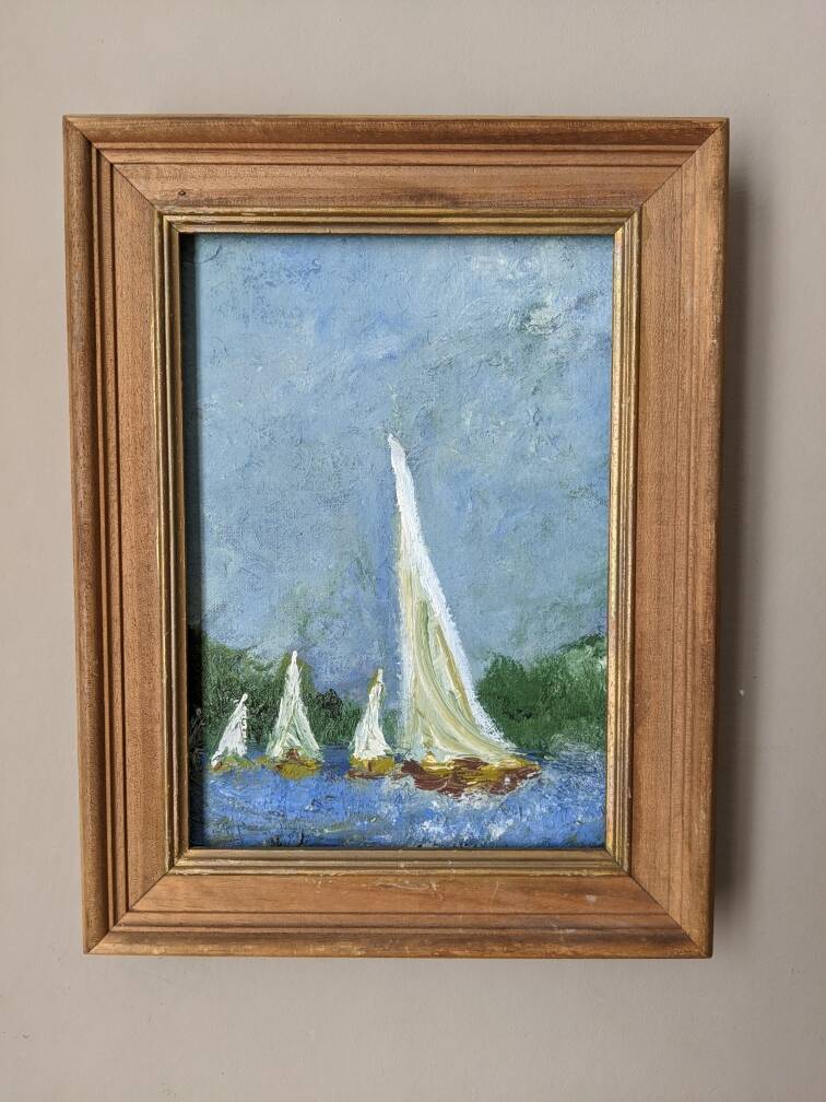 Old acrylic painting on canvas sailboats boats seaside