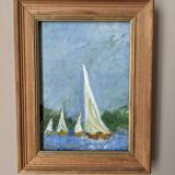 Old acrylic painting on canvas sailboats boats seaside
