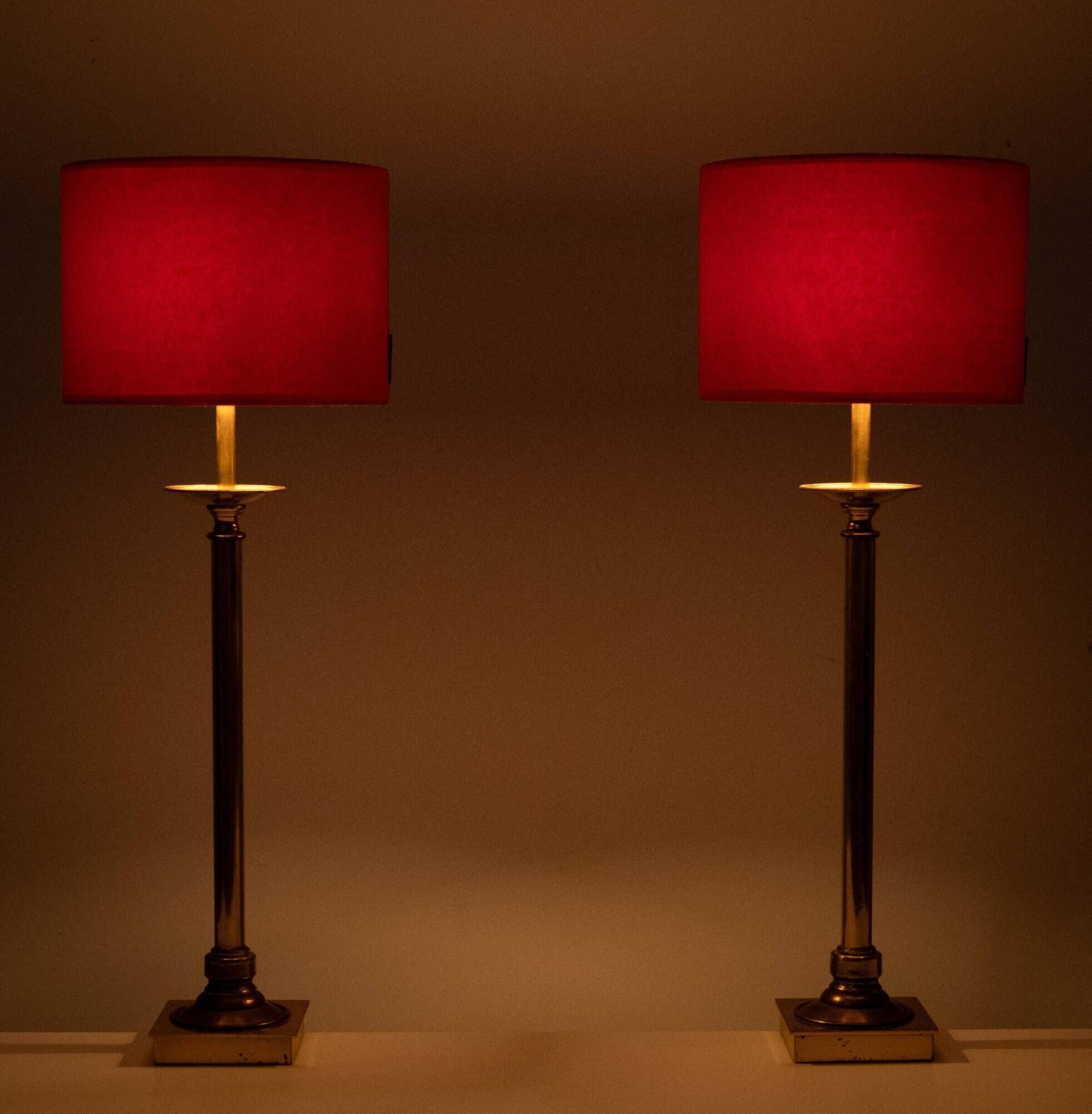 set solid Brass Table lamps Red Velvet shades 1960s France