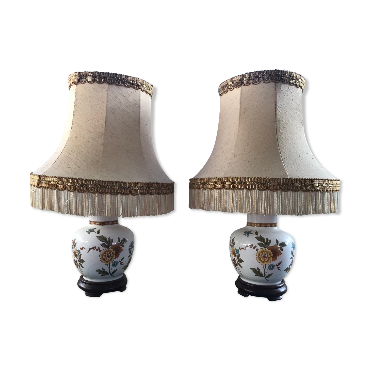 Pair of ancient ceramic lamp Moustiers style with vintage cream lampshades