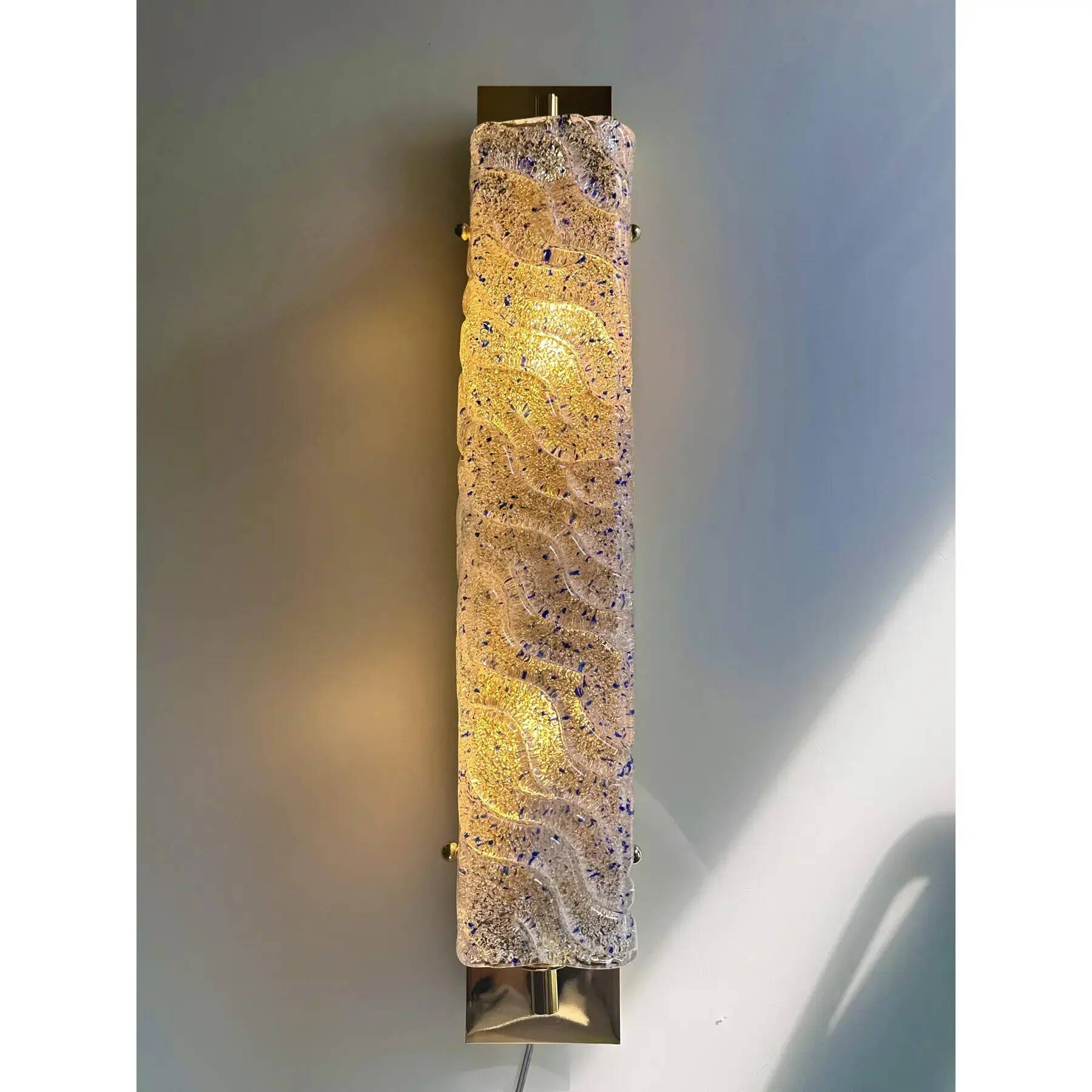 Pair of Gold Wall Sconces With Blue Graniglia Murano Glass