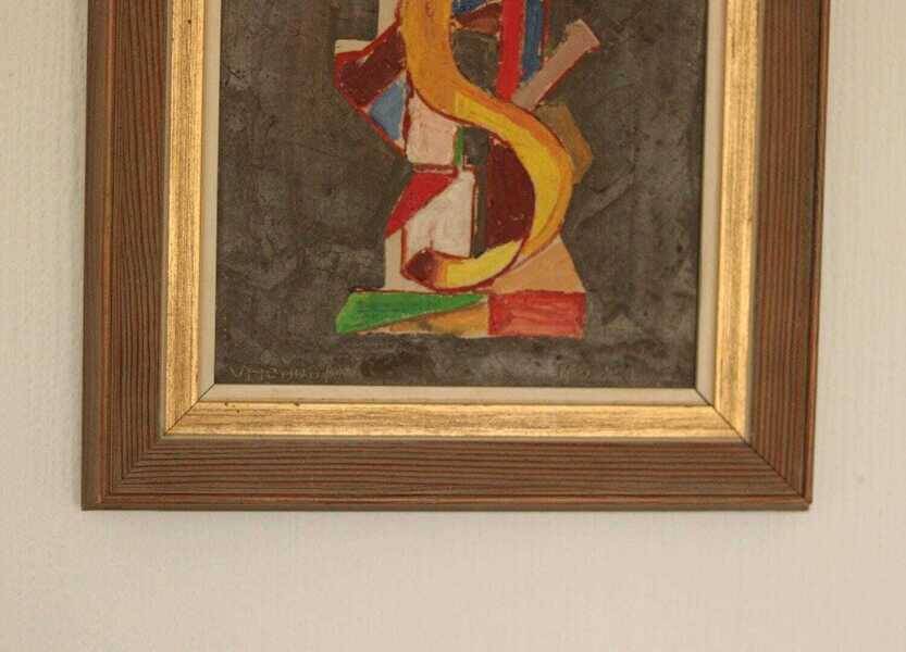 Original mid-century Swedish oil on canvas – “Layers” by Wilhelm Henning – signed & framed – 32 × 39 cm (12.6" × 15.4")