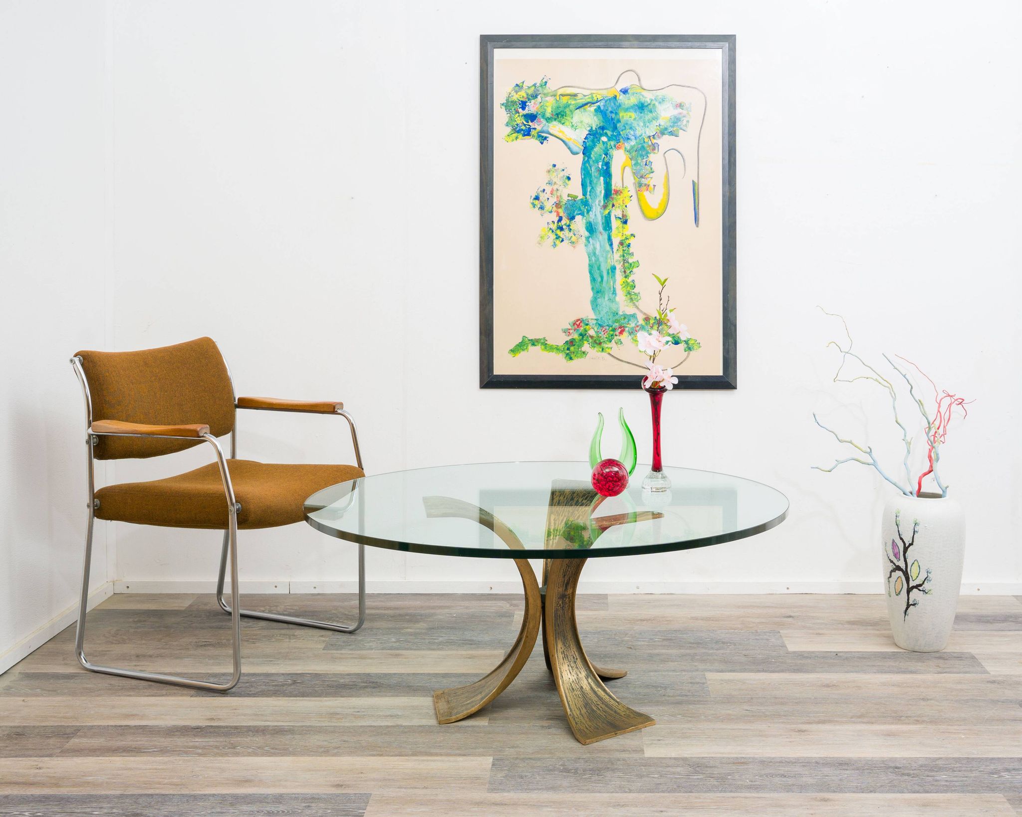 Glass coffee table, 80s design, Luciano Frigerio. Brutalist design