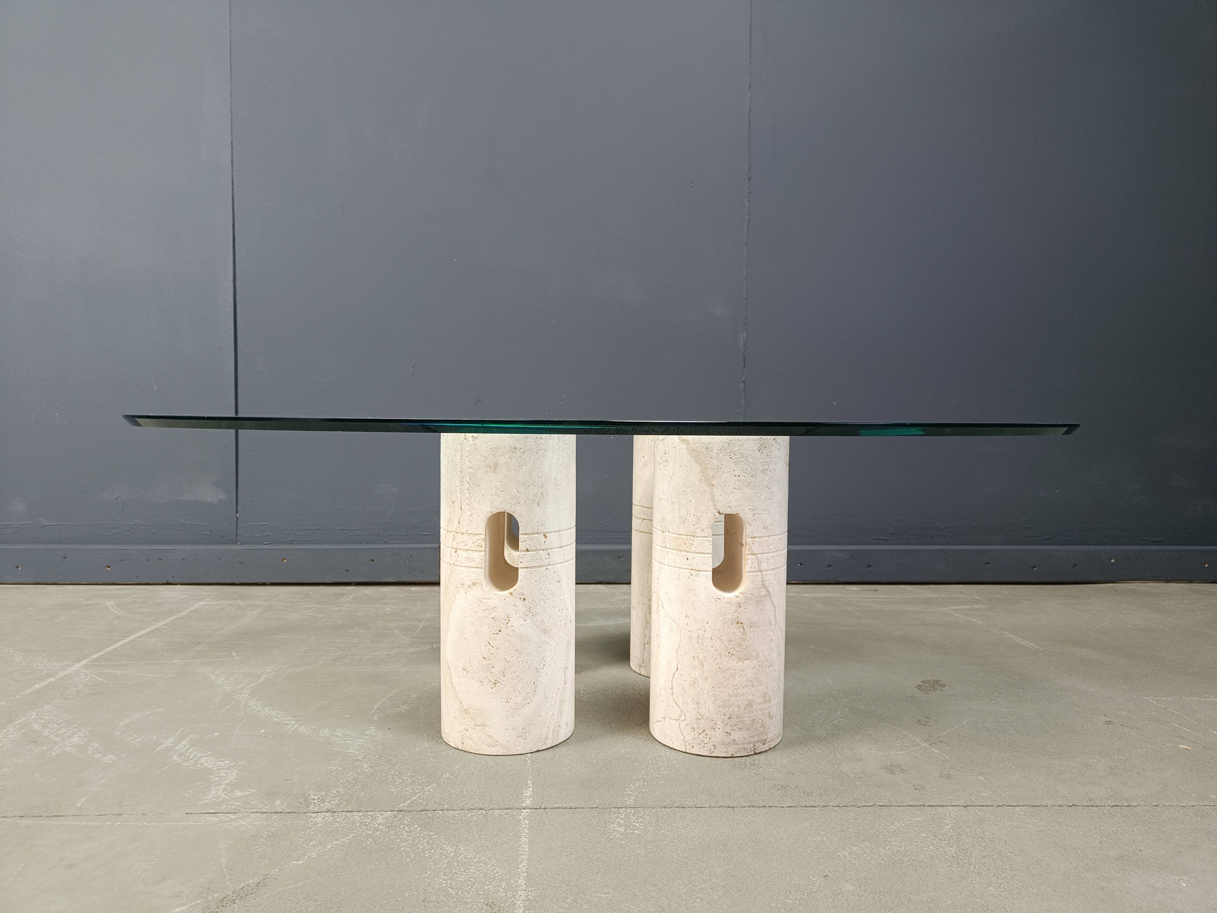 Vintage travertine and glass coffee table, 1970s