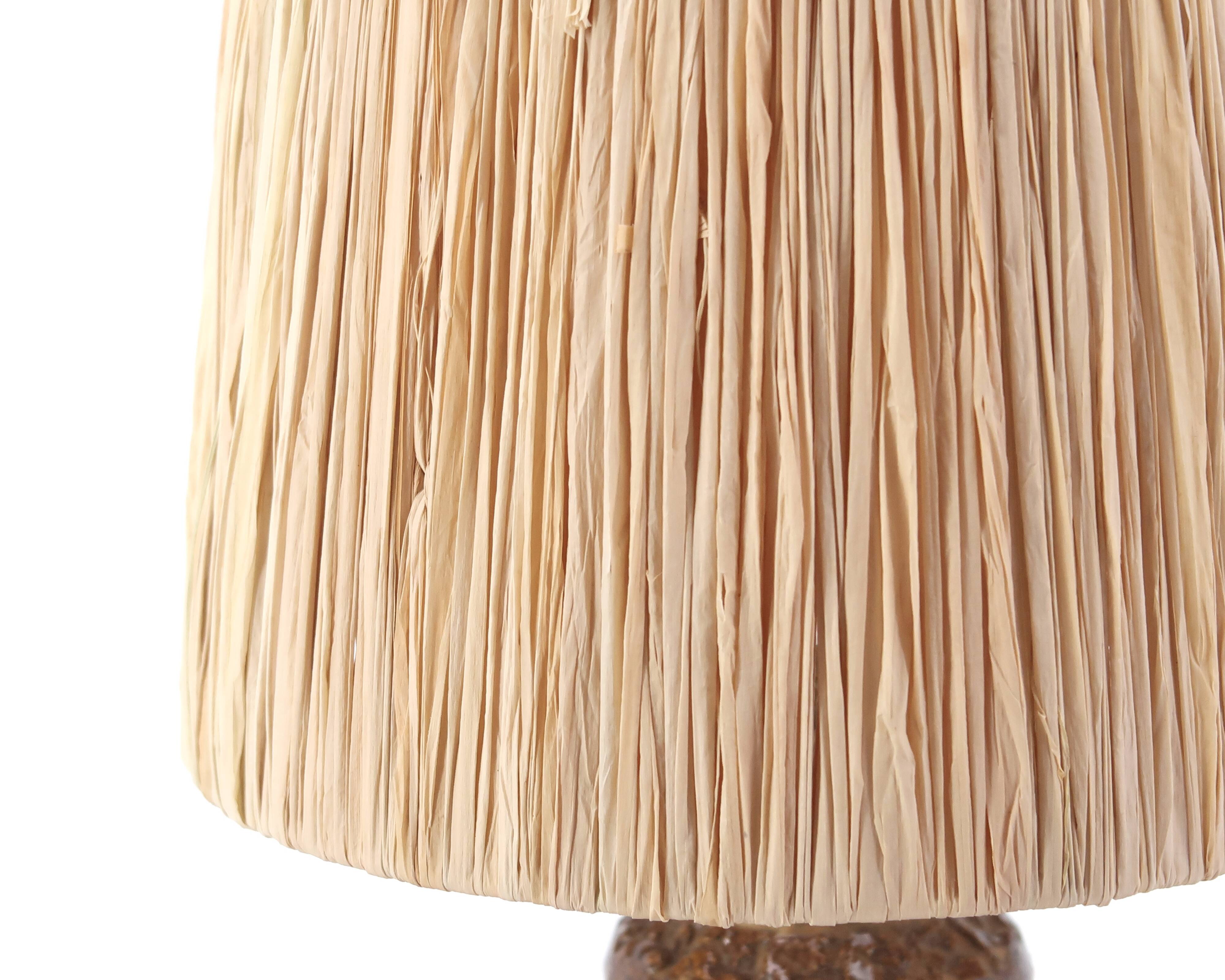 Ceramic stoneware lamp, raffia lampshade, 1960s
