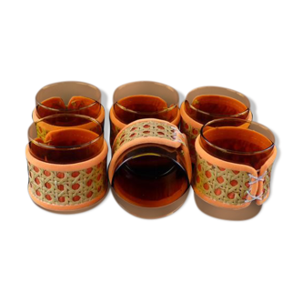 Lot de 6 verres ambrés en rotin et feutrine orange 1970